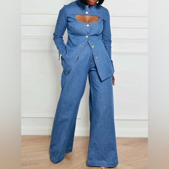 Passion of Essence Pants - High-Waisted Jeans with Pockets and Lapel Blouse Sets
